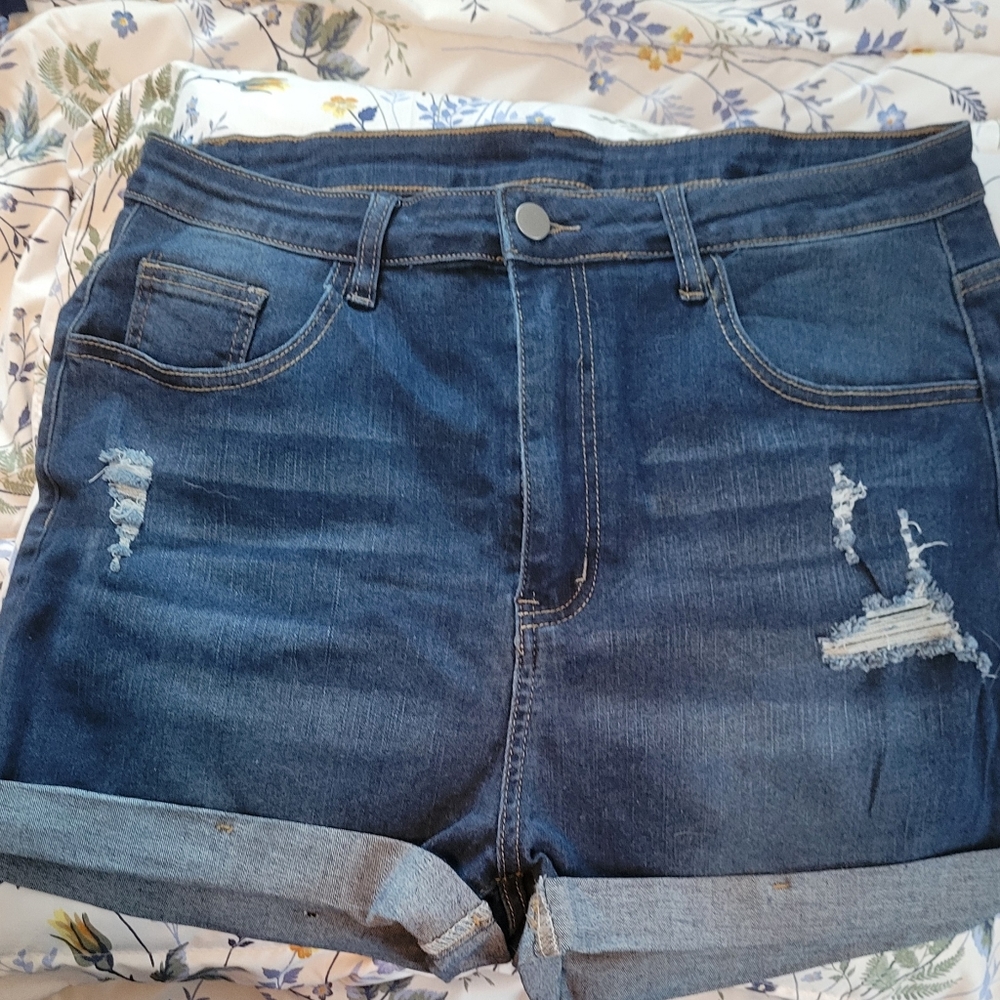 Shein Sxy Plus Roll Up Hem High Waist Ripped Denim Shorts. Size 1XL